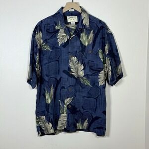 Bamboo Cay Mens Shirt Large Blue 100% Silk Tropical Leaf Print Aloha Camp Button